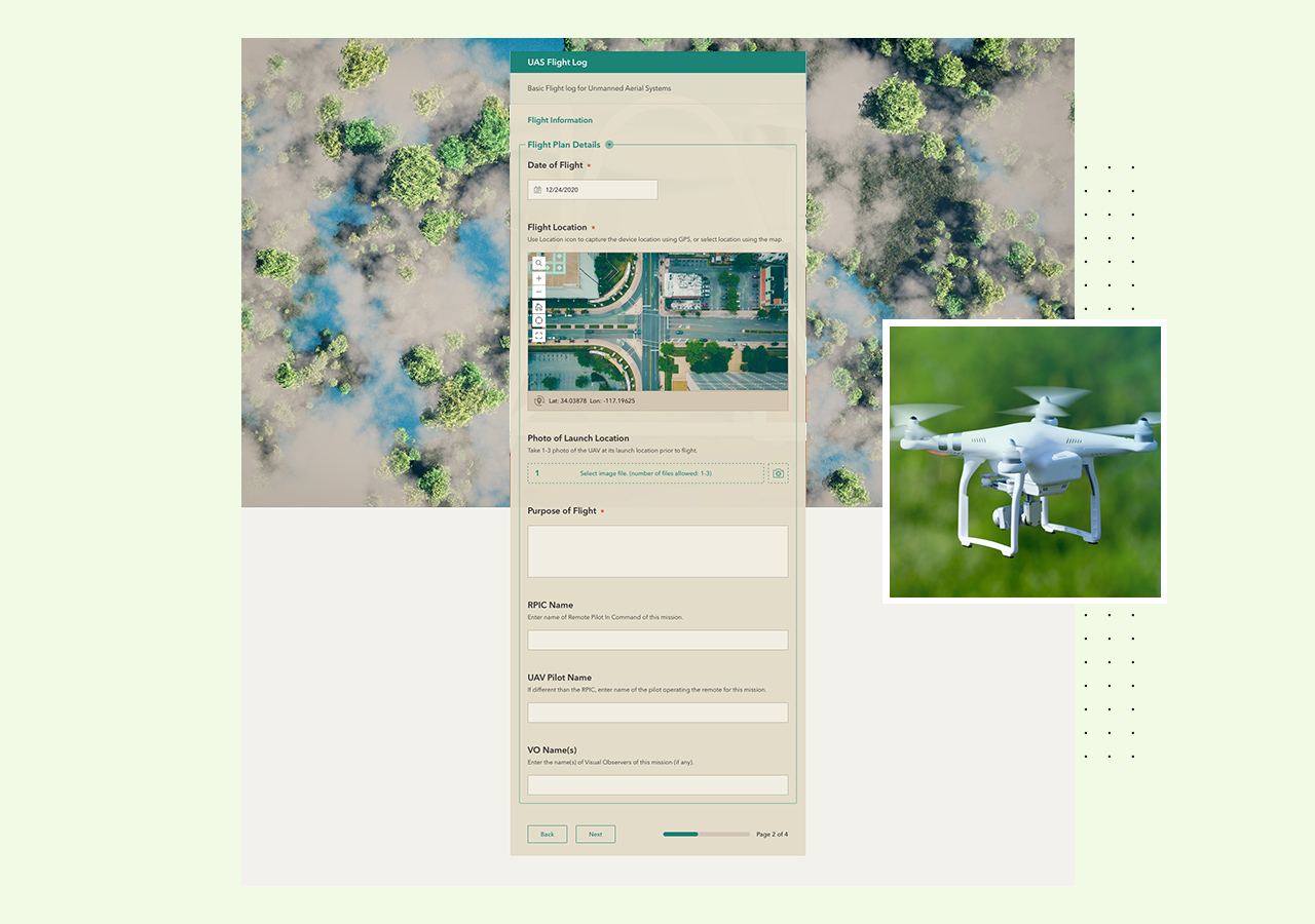 An aerial image of green trees, a white drone flying, and a blank digital form for flight logs with an aerial view of a city