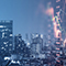 A cityscape at night overlaid with a table with rows of numbers and graph lines