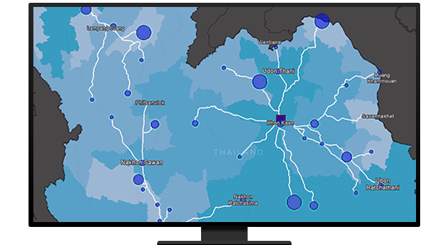 Map with blue shaded areas and circles