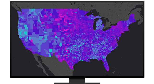 Map of the United States shaded blue and purple