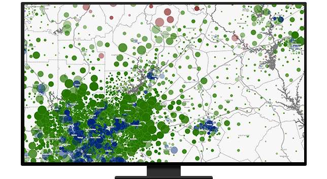 Map with green and blue dots very close together