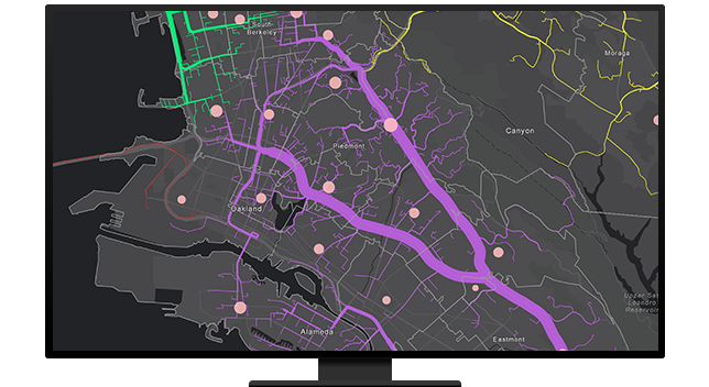 Map with purple, green, and yellow lines