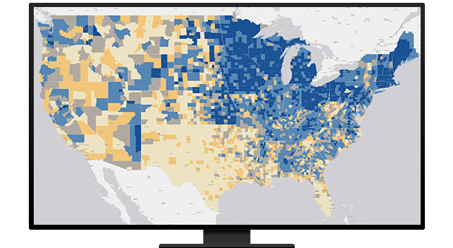 Map of the United States with blue and yellow polygons