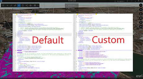 A screenshot of a 3D visualization in ArcGIS Earth overlaid with two coding screens that read “Default” and “Custom” in big red letters