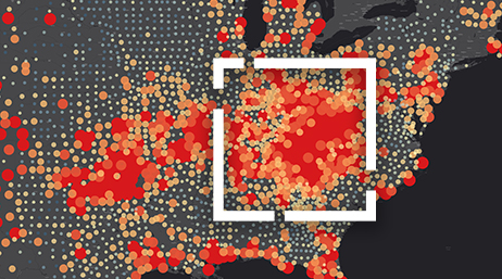 A concentration map of the US with clustered map points in red and orange on a dull navy blue background