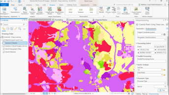 A computer screen displaying a colorfully shaded map alongside several menus and tabs with various analysis options