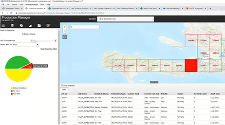 A map dashboard with a pale green topographical map against pale blue ocean, a colorful pie chart, and a spreadsheet of data