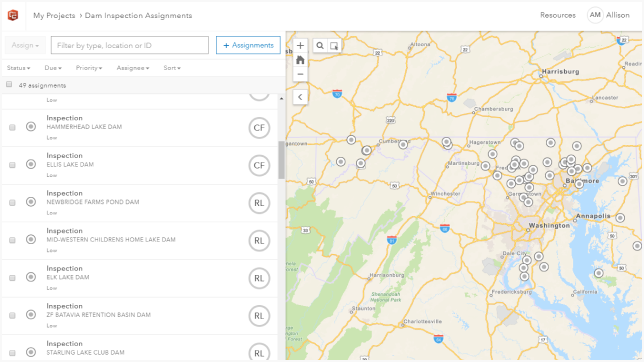 Map of Washington DC area and project data 