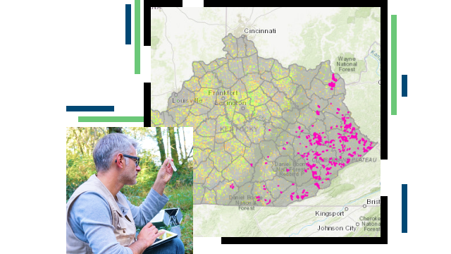 Person monitoring natural resources and a map of natural resources