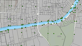 A parcel map of a region bisected by a river