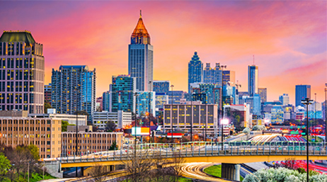 City skyline at sunset