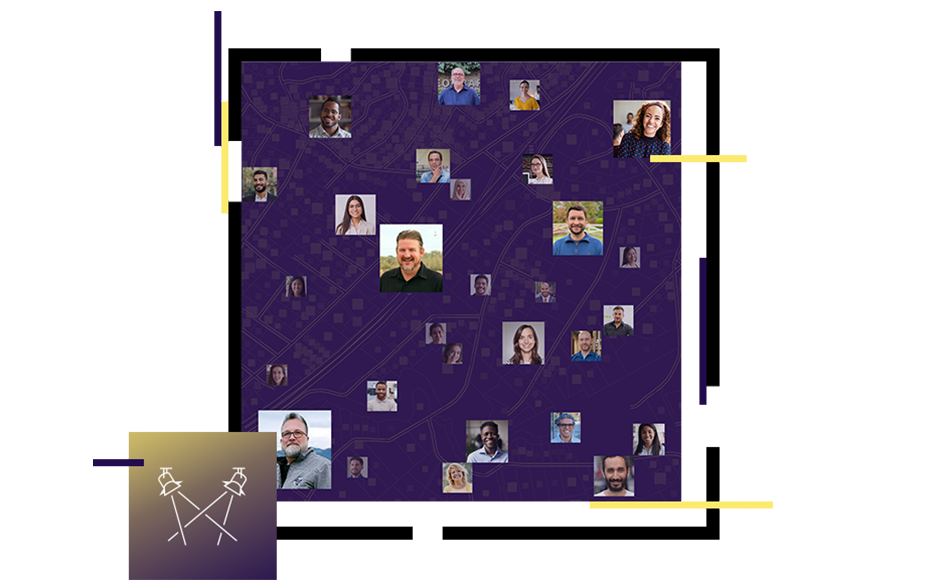 Purple square with people’s pictures in it, award ribbon icon