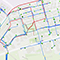 A map of a city that shows locations of utility networks with red, blue, and teal lines 