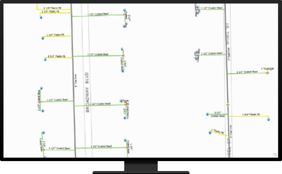 map with streets and utility lines to buildings