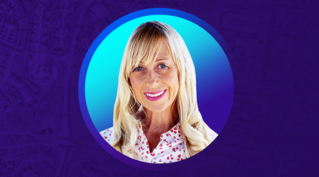 A portrait of Amy Peters enclosed in a blue gradient circle overlaid on a purple graphic