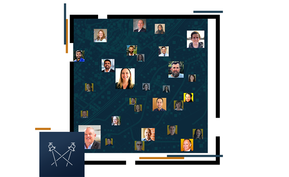 blue square with people’s photos in it, icon of an award ribbon