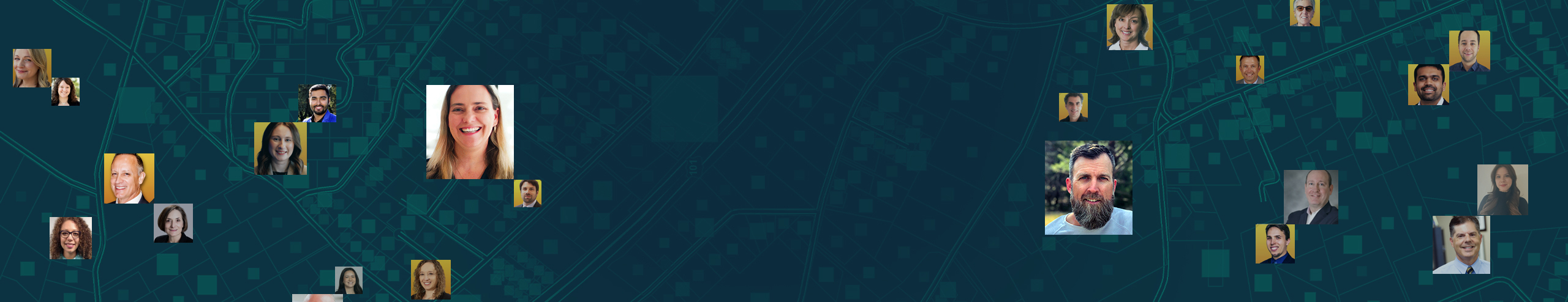 A concentration map with teal square map points of various sizes scattered over a navy blue street map, overlaid with many small portraits of smiling people.