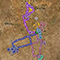 A regional map of Texas featuring four different routes with dozens of stops marked with circular map markers