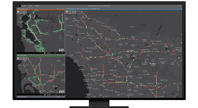A graphic of a computer monitor displaying road routes in gray, red, and green