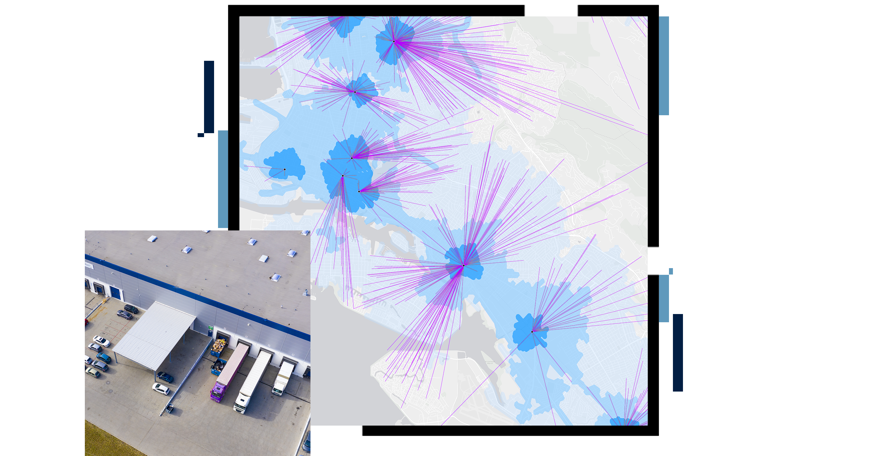 A connection map in white, blue, and purple, overlaid with an aerial photo of cargo trucks parked at a row of loading docks