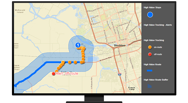 A graphic of a computer monitor displaying route points on a street map in yellow and blue on a beige background 