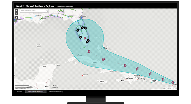 A graphic of a computer monitor displaying the progress of a tornado along a coastline in blue on a gray background