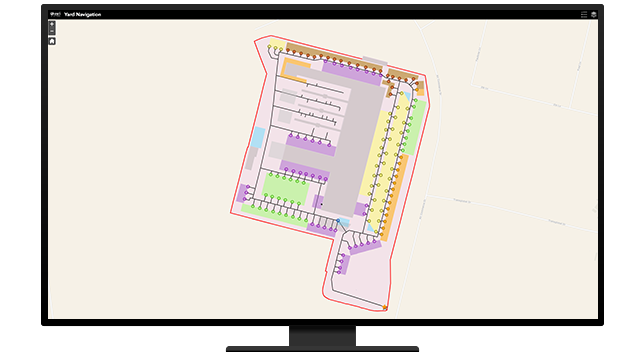A graphic of a computer monitor displaying an indoor site map showing office locations in many colors on a beige background