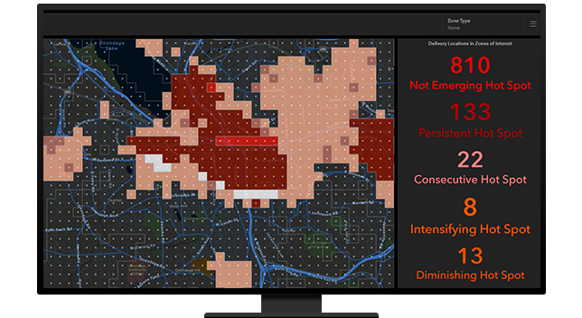 A graphic of a computer monitor displaying a dashboard with a heat map in red and pink with a list of hot spot data sets