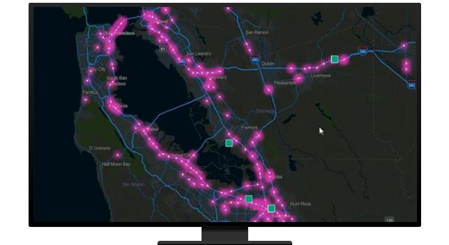 A graphic of a computer monitor displaying highway route points in purple on a black background