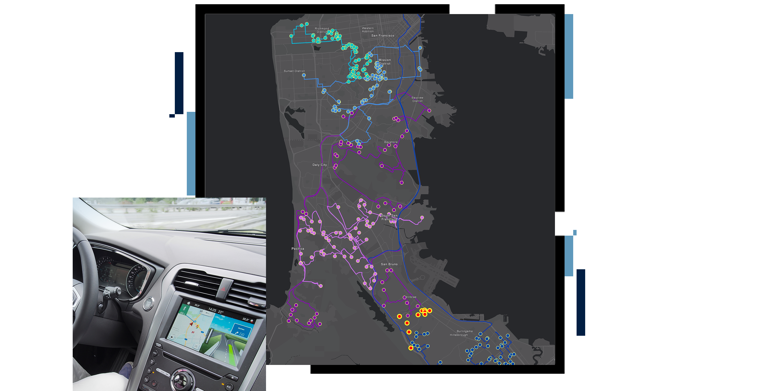 A gray map with points in green, purple, and yellow, overlaid with a photo of a car dashboard screen displaying a map