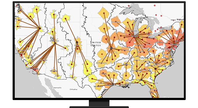 A graphic of a computer monitor displaying a connection map of North America in yellow and orange on a white background