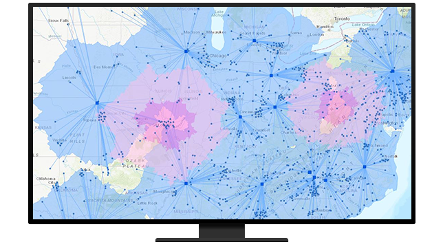 A graphic of a computer monitor displaying a connection map in blue and purple on a white background
