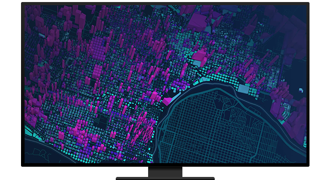 A graphic of a computer monitor displaying a 3D analysis map in purple, green, and pink on a black background