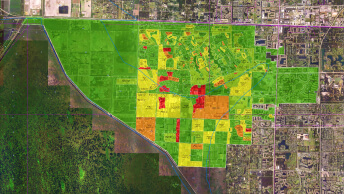 An aerial photo of a large green and brown area overlaid with colorful shaded spaces