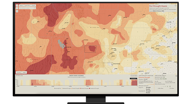 A desktop computer showing a climate analysis screen with red, orange, yellow, and white areas of concern