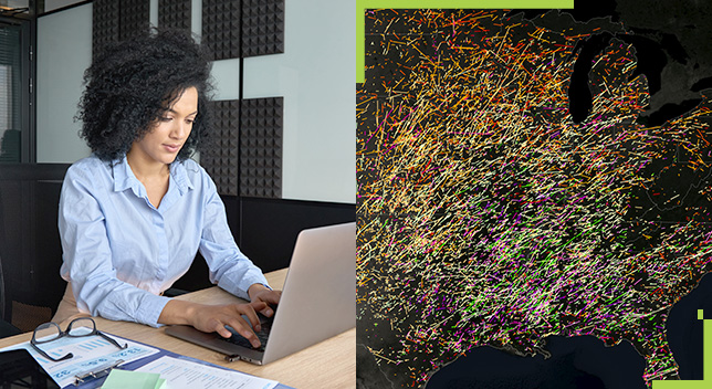 A split screen of a businessperson typing on a laptop while sitting at a desk and a colorful map with string of color rising from it