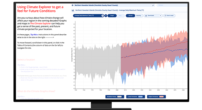 A laptop computer showing a webpage of a line graph predicting future climate conditions