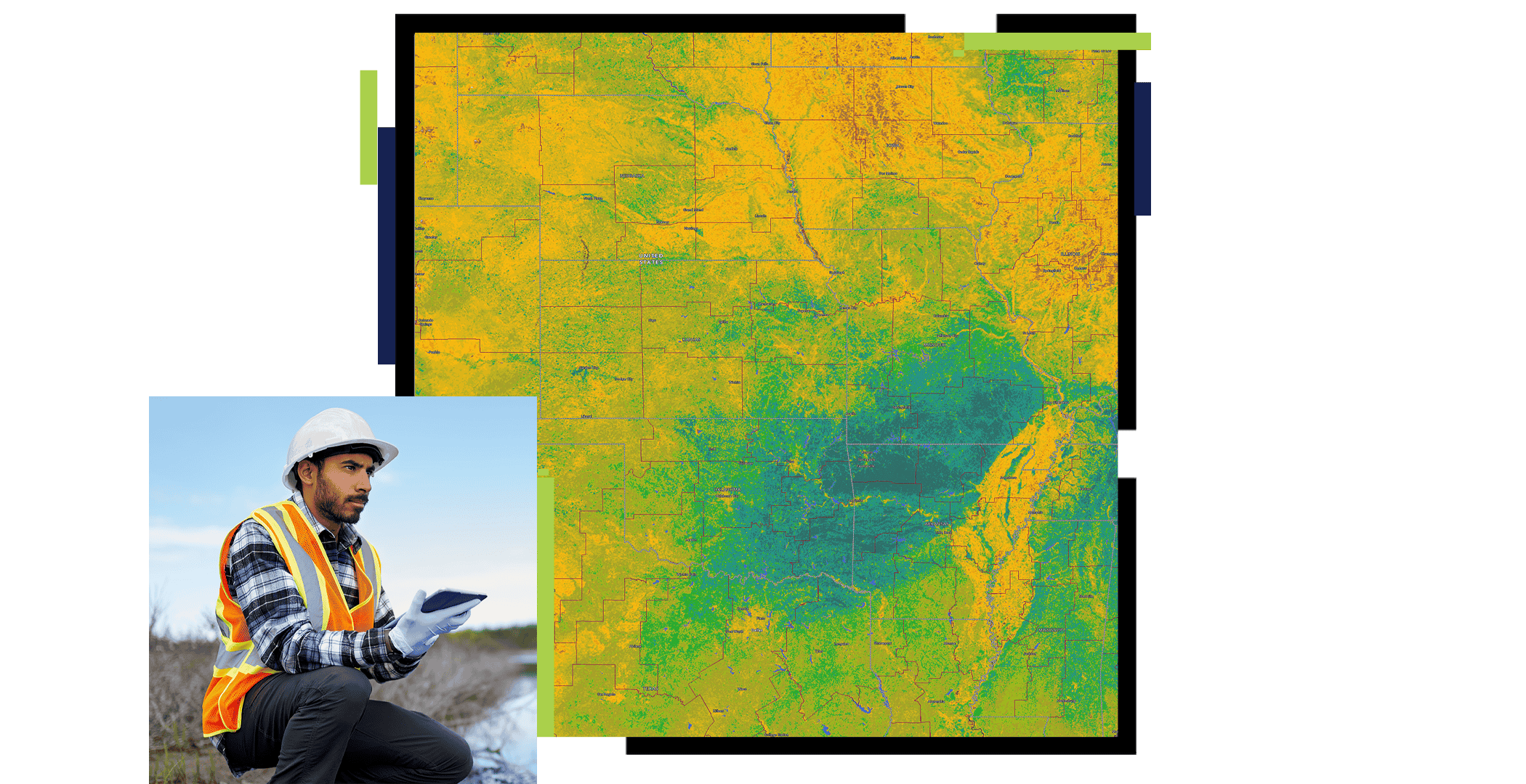 Two squares of a field working standing in a swamp land holding a tablet, and a yellow, green and blue map