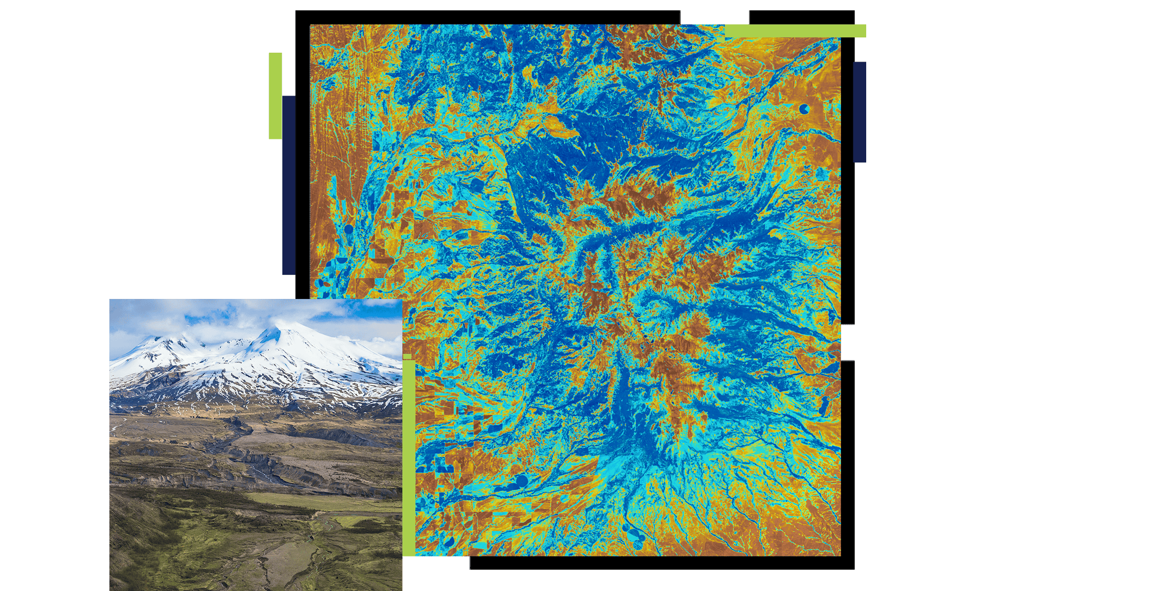 Two squares with a landscape of dried canyons leading to a snowing mountain and a colorful map