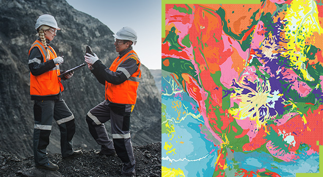 Two field workers wearing bright orange jackets in a mountainous terrain and a colorful map