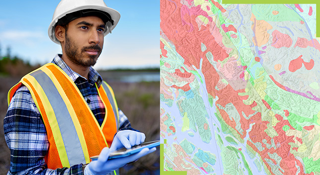 A field working standing in a swamp land holding a tablet