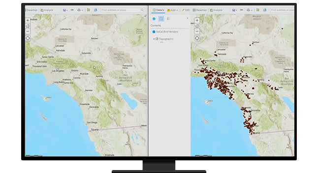 A desktop computer with a split screen of identical coast lines, one of the images has brown dots indicating important data