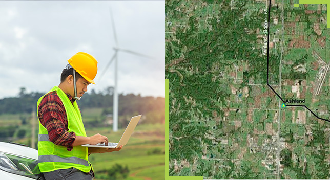 A desktop computer with a split screen of a field working looking at a laptop and a map showing his location