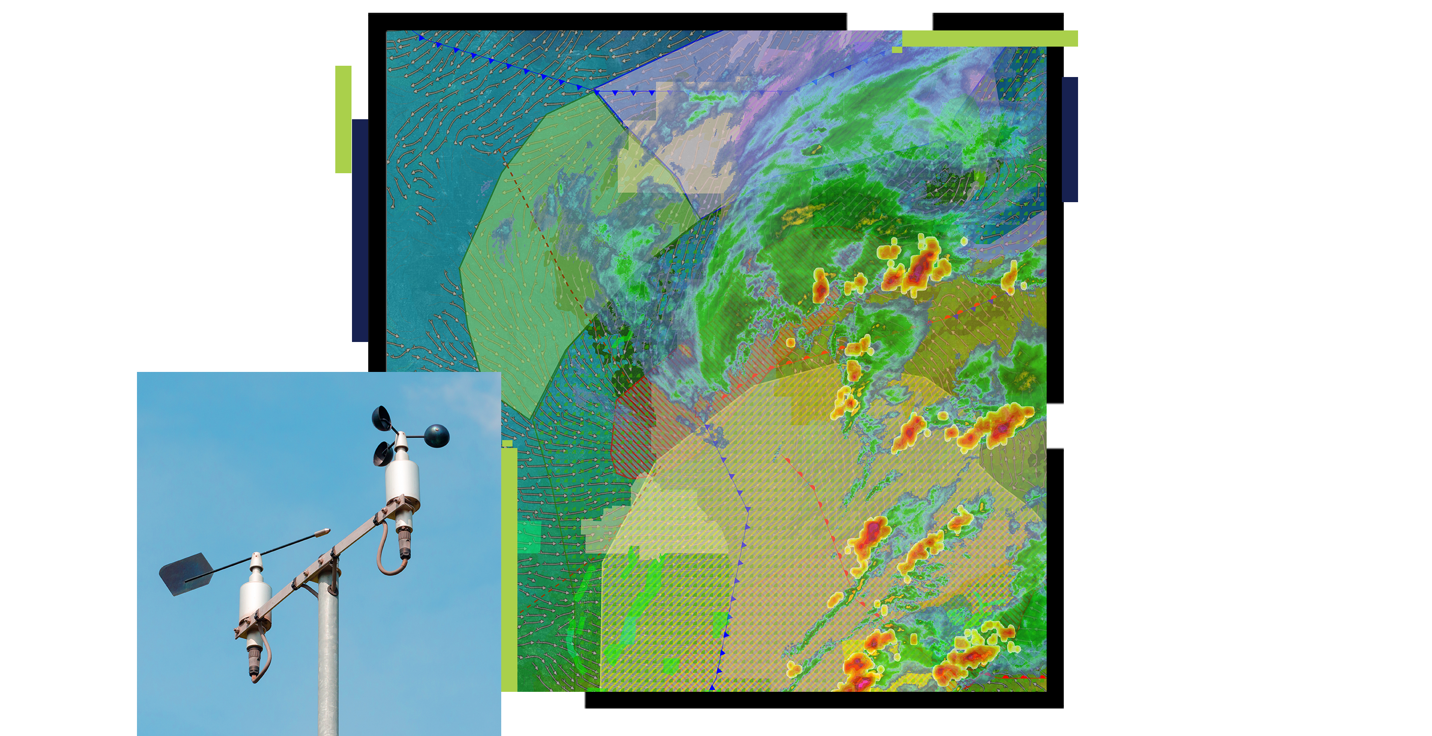 Two squares with a weather station and a map showing fluctuating weather