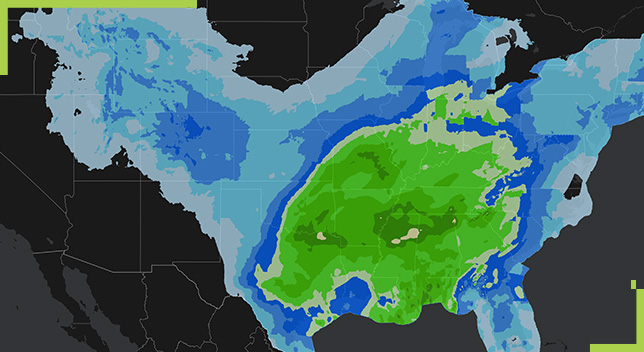 A map showing weather patterns in green and different shades of blue