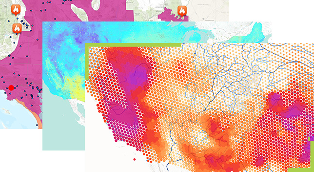 Three colorful wildfire maps