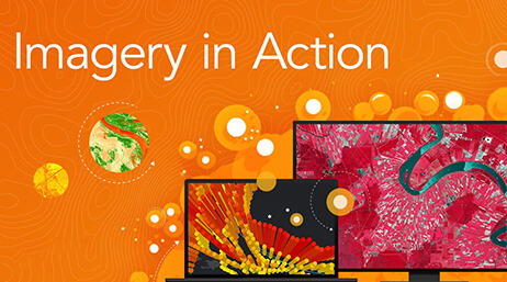 A laptop and computer monitor displaying colorful vertical concentration maps with an abstract orange background dotted with large lighter orange spheres