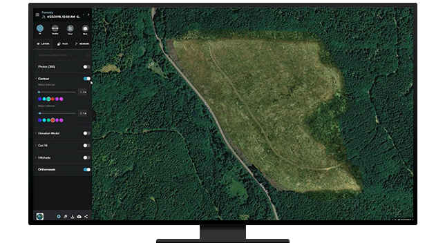 A graphic of a computer monitor displaying a forest contour map in dark green alongside a menu of analysis options