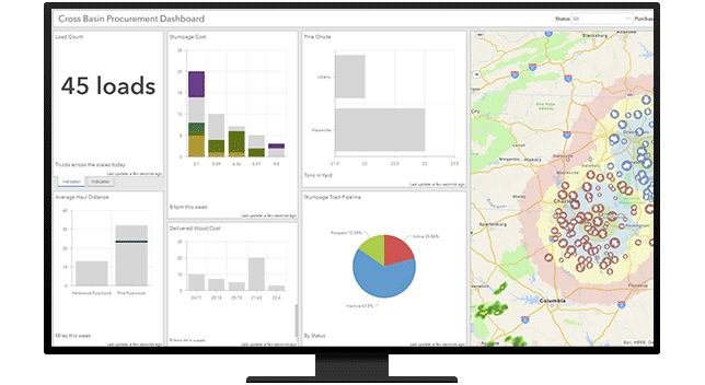 A graphic of a computer monitor displaying a map dashboard with graphs, charts, and a map