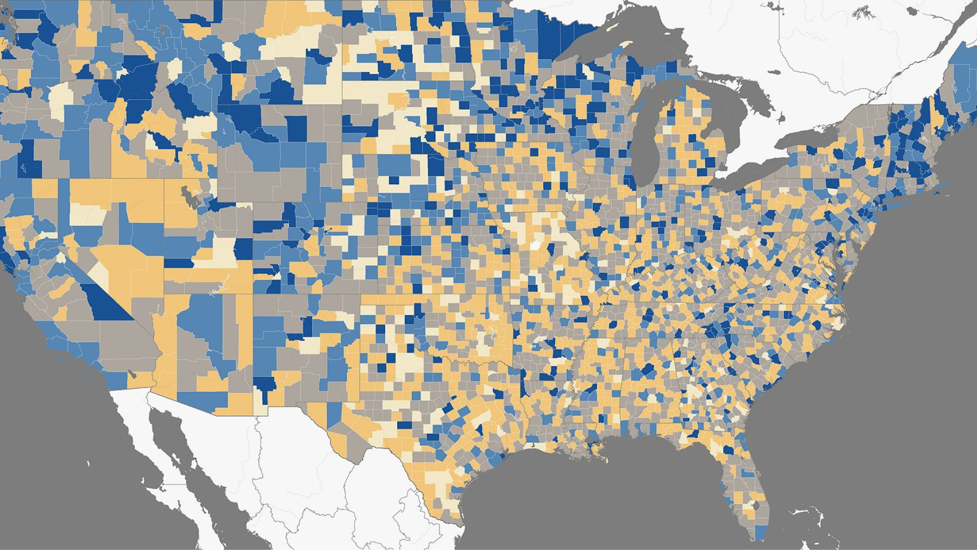 Map of the US shaded to indicate difference across the country